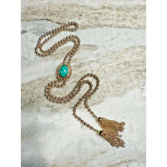 1973 DeLizza & Elster for Avon Ming Green 36" Pendant Tassel Necklace NOS w/ Box - Picture 7 of 9